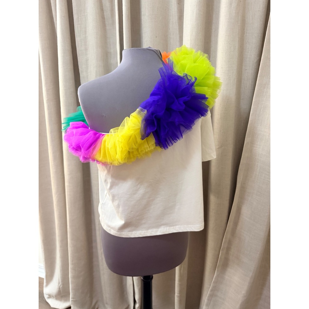 Queen of Sparkles Womens Tulle Ruffle Top M White Rainbow One Shoulder Party - Picture 2 of 6